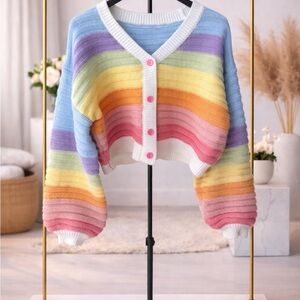 Made in Italy Rainbow Stripe Cropped Cardigan Sweater - Pastel Multi